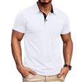 Detail of white men's polo shirt featuring a chest pocket and contrasting inner collar - White