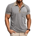 Detail of grey men's polo shirt with contrast collar, raglan sleeves and chest pocket - Light Gray