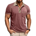 Detail view of the rust-red heathered fabric and contrast khaki collar on a men's polo shirt - Burgundy