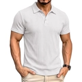 Close-up of white short-sleeved Polo shirt featuring vertical fine striped knit texture - White