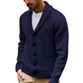Detailed close-up of men's navy blue shawl collar knit cardigan with large button closure - S / Dark Blue