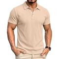 Close-up of beige ribbed polo shirt showing vertical texture and collar detail - Apricot