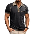 Close-up of contrast collar and buttoned pocket detail on men's short sleeve polo shirt - Black