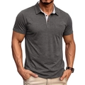 Detail view of charcoal grey polo shirt featuring a chest pocket and wood texture buttons - Dark Gray