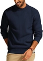 Detailed view of dark blue waffle knit sweater texture and ribbed neckline for men - S / Dark Blue