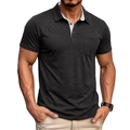 Detail of dark gray textured polo shirt with contrasting white double collar and chest pocket - Black