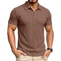 Close-up of vertical ribbed texture and brown fabric on men's short sleeve polo shirt - Brown