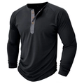 Detailed close-up of Henley shirt neckline with gray placket and wooden buttons - Black