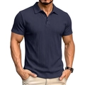 Detailansicht des dunkelblauen Herren-Poloshirts mit vertikaler Rippenstruktur und drei Knöpfen - L / Marineblau