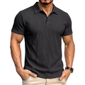 Detail of dark grey ribbed knit polo shirt featuring a three-button collar and slim fit - Black