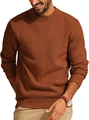 Detailed view of the waffle knit texture and ribbed crewneck on the caramel men's sweater - Brown