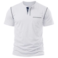 Dettaglio maglietta Henley bianca con cuciture a contrasto e abbottonatura blu navy - S / Bianco
