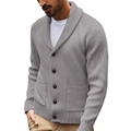 Detail view of mens grey cardigan featuring shawl collar and waffle knit texture - Light Gray