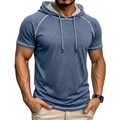 Detail of blue-grey short sleeve hoodie featuring contrast white stitching and drawstring hood - Blue