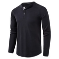 Detail of waffle knit texture and three-button neckline on black long sleeve Henley shirt - S / Black