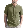 Men's army green cotton linen Henley shirt with short sleeves and chest pocket - S / Army Green