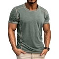 Detail of slim fit olive green t-shirt with contrast stitching and soft ribbed fabric - Green