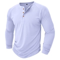 Dettaglio della patta a tre bottoni e bottoni in stile legno sulla maglia Henley lilla - S / Bianco
