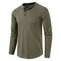 Detailed view of the army green waffle knit texture and three-button henley neckline - Army Green