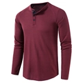Detailed view of waffle knit fabric and three-button neckline on burgundy Henley shirt - S / Burgundy