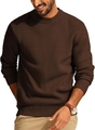 Detail shot of the brown waffle knit texture and ribbed crew neck on this men sweater - Coffee