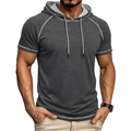 Detail of dark grey hooded t-shirt with contrast stitching and woven drawstrings - Dark Gray