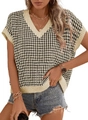 Women's V-neck houndstooth knit vest in beige and black pattern for autumn layering - S / Khaki