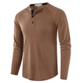 Men's coffee brown waffle knit henley long sleeve shirt with classic three-button neck - Khaki