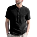 Close-up of black Henley shirt showing breathable cotton-linen fabric and chest pocket - S / Black