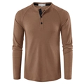 Detail of coffee brown waffle knit henley shirt with three buttons and raglan sleeve design - Dark Brown