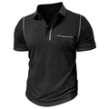 Détail d'un polo noir avec coutures contrastées grises sur le col et la poche poitrine - Noir