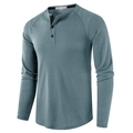 Men's waffle knit long sleeve Henley shirt in greyish-blue with three-button placket - Light Blue