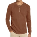 Men's brown long sleeve waffle knit Henry shirt with three-button neckline in solid color - S / Khaki