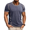 Detail of grey men's Henley shirt showing contrast stitching on crew neck and shoulders - Navy Blue