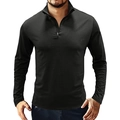 Close-up of men's slim fit black long sleeve polo shirt with metal quarter zipper detail - Black