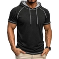 Detail view of dark grey slim fit hooded t-shirt with raglan sleeves and contrast stitching - Black