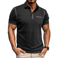 Detail of dark grey polo shirt showing shoulder contrast stitching and faux pocket stripe - Black