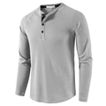 Close-up of light grey waffle knit Henley shirt neckline with button placket detail - S / Light Gray