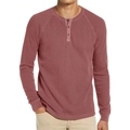 Detail view of waffle texture fabric and three-button placket on men's dusty pink Henley shirt - Rust Red