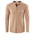 Detail of khaki waffle knit texture and three-button placket on men's Henley shirt - Khaki