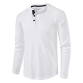 Close-up of white waffle knit Henley shirt featuring a three-button placket and raglan sleeves - S / White