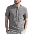 Men's grey cotton linen short sleeve Henley shirt with chest pocket on white background - S / Gray