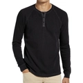 Men's black waffle knit long sleeve Henley shirt with buttoned collar and ribbed cuffs - S / Black