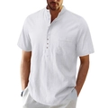 Detail of white cotton linen Henley shirt showing pocket and X-stitch button accents - S / White