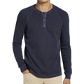 Men's waffle knit long sleeve Henley shirt in deep navy blue with three button collar - Navy Blue
