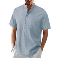 Close-up of men's blue cotton linen shirt with brown cross embroidery and white buttons - S / Light Blue