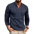 Slim fit navy blue long sleeve Henley shirt for men with contrast stitching and chest pocket - Sapphire Blue