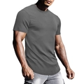 Detail of grey men's slim fit sports t-shirt showing ribbed texture and crew neck design - Gray