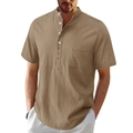 Detailed close-up of khaki linen cotton Henley shirt fabric, white buttons, and chest pocket - S / Khaki