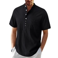 Detail view of black linen Henley shirt with white buttons and cross-stitch embroidery - S / Black